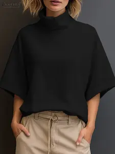 Women's Breathable High Neck Solid Short Sleeve Summer Shirt, Casual Daily Wear & Commute Outerwear, Layered Look Fashion Style