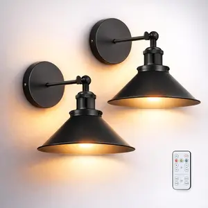 Battery Operated Wall Sconce Set of 2, Vintage Sconces Wall Decor with Remote, Dimmable Wall Lights for Living Room, Wall Lamp Fixture for Indoor Bedroom Farmhouse Gallery Kitchen, Black