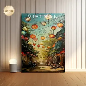 2D flat painting, 2D flat painting, 1 piece framed 2D canvas print |   Vietnamese street lantern decorative painting, suitable for living rooms, bedrooms, dining rooms, hotel lobbies, office decoration, modern style, wooden frame, for indoor use