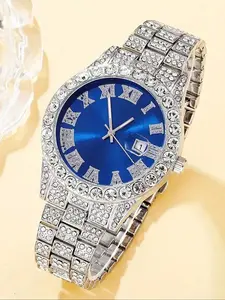 Men's Rhinestone Wrist Watch & Cross Pendent Jewelry Set, Luxury Round Pointer Quartz Analog Watch For Men/Women, Rhinestone Watches