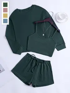 Women's Waffle Strap Top + Long Sleeve Round Neck Shirt + Drawstring Shorts Home Set, Womenswear, Pure Color Vintage Texture, Casual Sporty Loose Fit