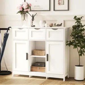31.10x35.40x11.80 Inch White Storage Cabinet, Wooden Floor Accent Cabinet with 3 Drawers, 2 Doors and 3 Adjustable Shelves, Multifunctional Sideboard Buffet Cabinet for Living Room Bedroom Bathroom
