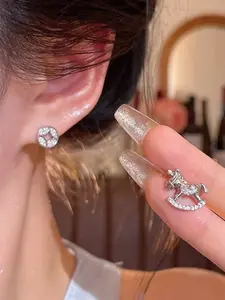 Cute Asymmetrical Rocking Horse Stud Earrings for Women, Sparkling Zircon Plated Alloy Earrings, Dainty Jewelry Gift for Her