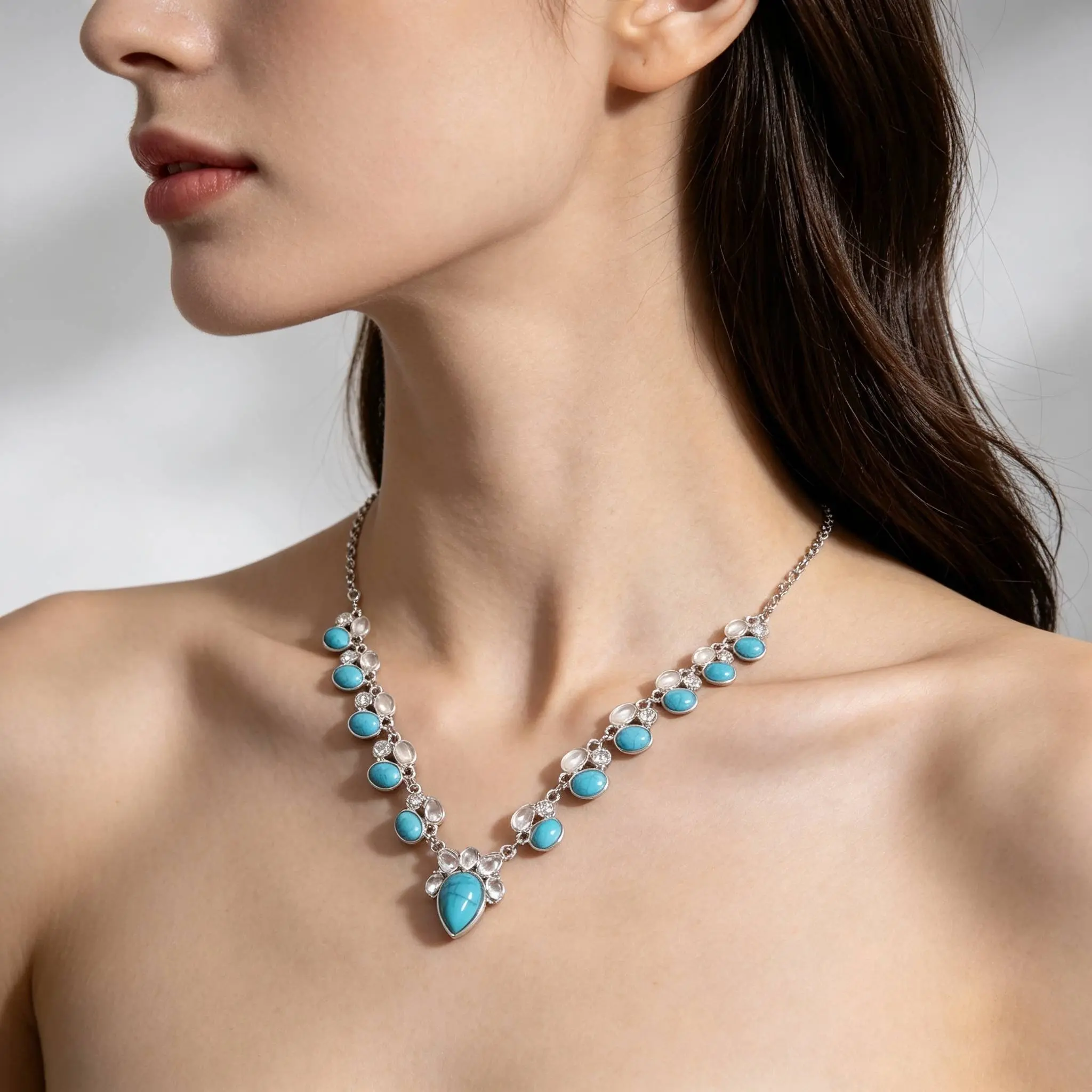 Retro-style blue lapis lazuli teardrop necklace, understated luxury rhinestone-set elegant collarbone chain