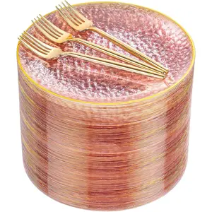 240Pcs Pink Plastic Plates Including 120Pcs Pink Dessert Plates and 120Pcs Gold Plastic Forks,Hammered Party Plate,pink and Gold Appetizer plates Heavy duty Disposable Cake Plate for Party