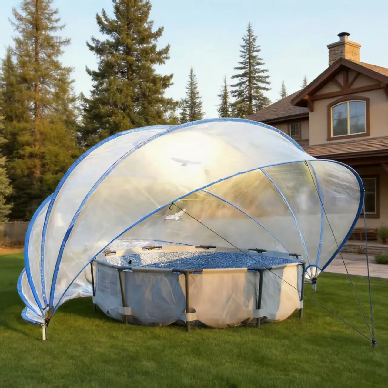 18FT Retractable Pool Dome Cover for Above Ground Pools, Clear PVC Pool Canopy with 180 Degree Opening, UV Rain Dust and Leaf Protection, Solar Heat Retention Pool Cover for Round Backyard Swimming Pools
