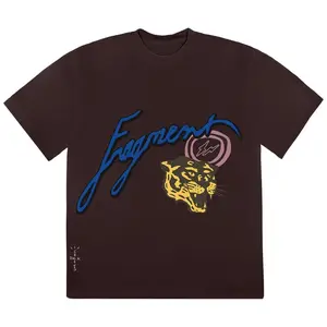 Cactus Jack x Fragment Design Icons Tee Brown Men's T-Shirt with Tiger Head Lightning Bolt & Logo Motifs Sizes S-2XL Fleece Cotton Streetwear