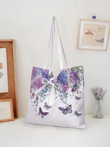 Floral Butterfly Pattern Printed Tote Bag, Stylish Reusable Shoulder Backpack, Multifunctional Use Shopping Bag for All Seasons