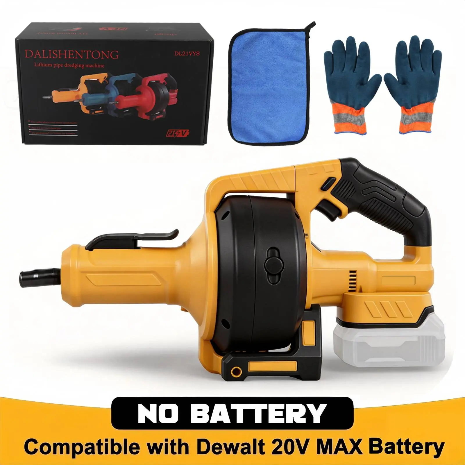 Battery Powered 25FT Length Cordless Drain Auger, Auto-Feed Plumbing Snake for Home Plumbing Efficient Cleaning - Works with DeWalt 20V MAX Batteries, Clog Remover for Sink, Toilet, Showers, TOOL ONLY, Includes Gloves, Cleaning Cloth