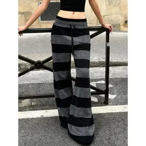 Women’s gingham drop-waist knit pants, fitted long straight-leg casual sportswear, all-season drawstring-waist sweatpants
