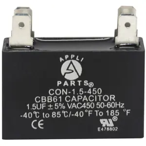 Appli Parts Fan motor Capacitor 1.5 mfd (microfarads) uf 450VAC CBB61 with 4 Terminal connections universal fit for electric fan applications  1-3/8in Width 1/2in Depth 1-1/4in Height CAP-1.5-450