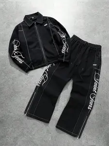 1 Men's 2-Piece Black Streetwear Set, Contrast Stitch & Script Print, Zip-Up Jacket & Wide-Leg Pants, Ideal for Casual Daily & Urban Street Outfits