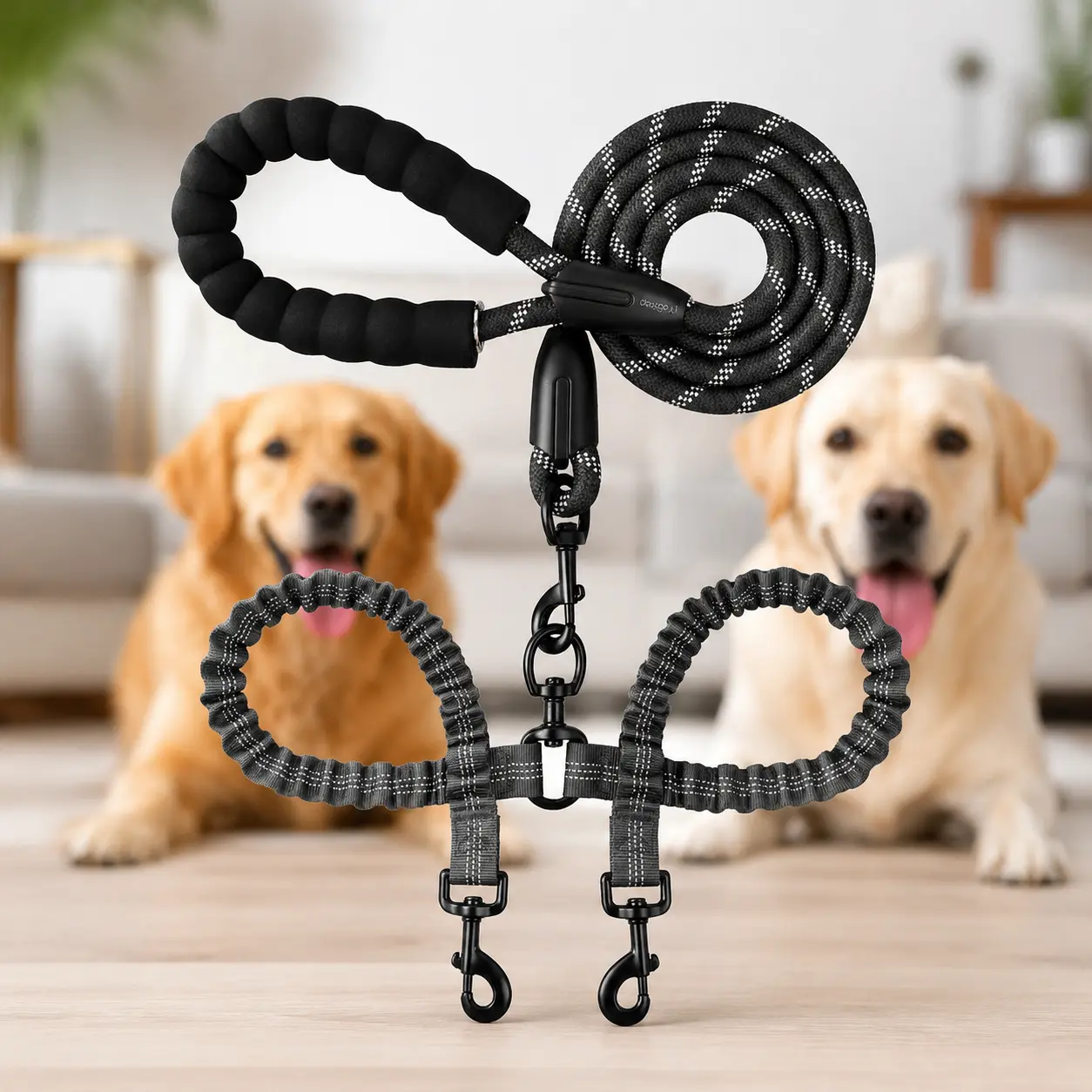 Double Dog Leash, 360° Rotation, Anti-Tangle, Elastic Retractable Pet Walking Leash