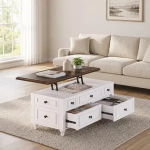 Sikaic 47.2" Farmhouse Lift Top Coffee Table with 4 Drawers & Storage, Coffee Table with Large Hidden Storage Compartment for Living Room, White