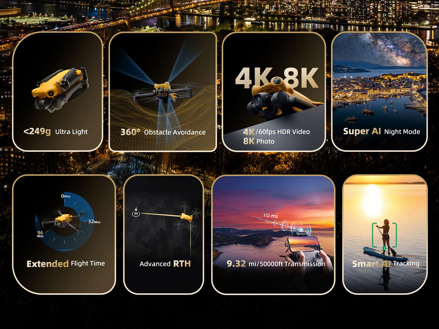 【Father's Day Gift】SKYROVER X1, Drone with Camera 4K for Adults, 8K Photo, 50000ft Transmission,Under 249g