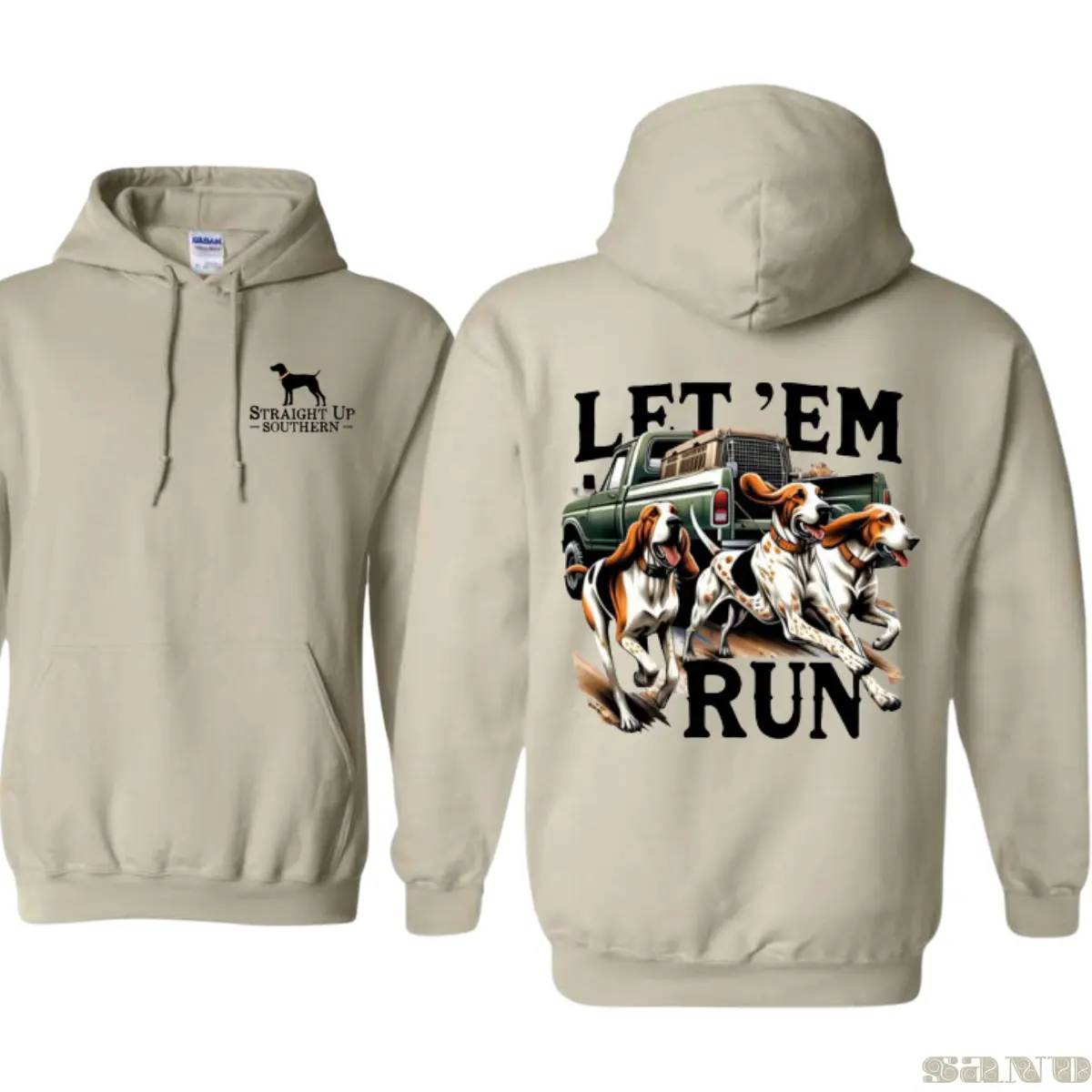 Let ’Em Run Cotton Long Sleeve Hoodie - Southern Hound Dog Hunting Print, Country Casual Streetwear, Unisex Pullover, Trending Outdoor Menswear Top, Men’s Gift Fall Sweatshirts