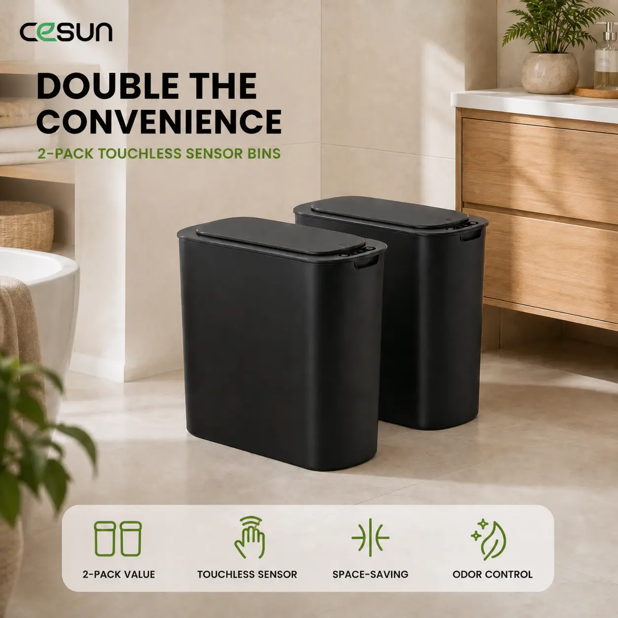 Cesun 2pc Touch-Free Open Bathroom Gadget - 2.6 Gal Motion Sensor Trash Can with Lid, Slim Profile Plastic Wastebasket for Home Users, Requires 2 AA Batteries (Ideal for Bathroom, Office)