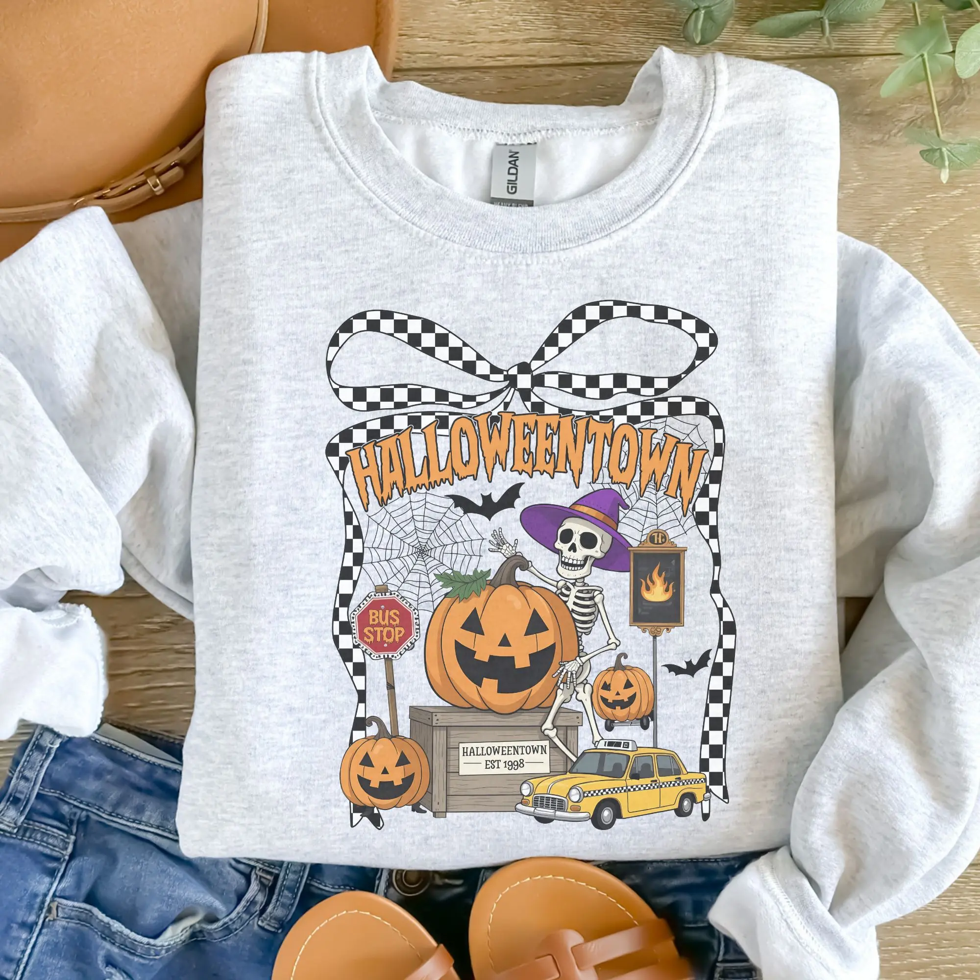 Checkered Halloween Town Sweatshirt - Ash Grey - Halloween Sweatshirt Fit Aesthetic Jersey Soft