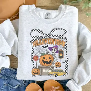 Checkered Halloween Town Sweatshirt - Ash Grey - Halloween Sweatshirt Fit Aesthetic Jersey Soft