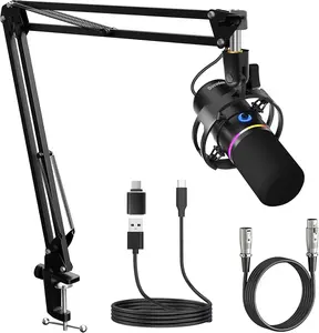 Socodox-XLR/USB Gaming Microphone Set, Dynamic PC Mic for Streaming Podcasting, Computer RGB Mic Kit with Boom Arm Stand, Mute Button, Headphones Jack, for Recording Vocal Voice