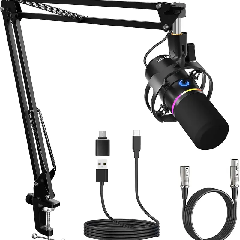 Socodox Premium Dynamic Core Gaming Microphone Set for Adults, Wired USB/XLR-Cable, Plug-in Power, Boom Arm Stand, RGB Light, 24-bit/48kHz Audio, 40Hz-15kHz, Volume Knob, Mute, Headphone Jack, Supplier Warr - PC/Laptop Mic, Father's Day Gift
