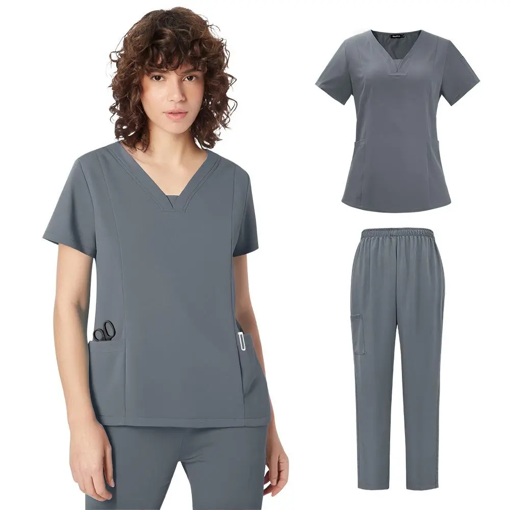 FUSHUAIGE Surgical Set Women: Unisex Pet Hospital Scrub Uniforms Suits Pocket V-neck Solid Color Surgical Gown Jogger Suits Wholesale Price