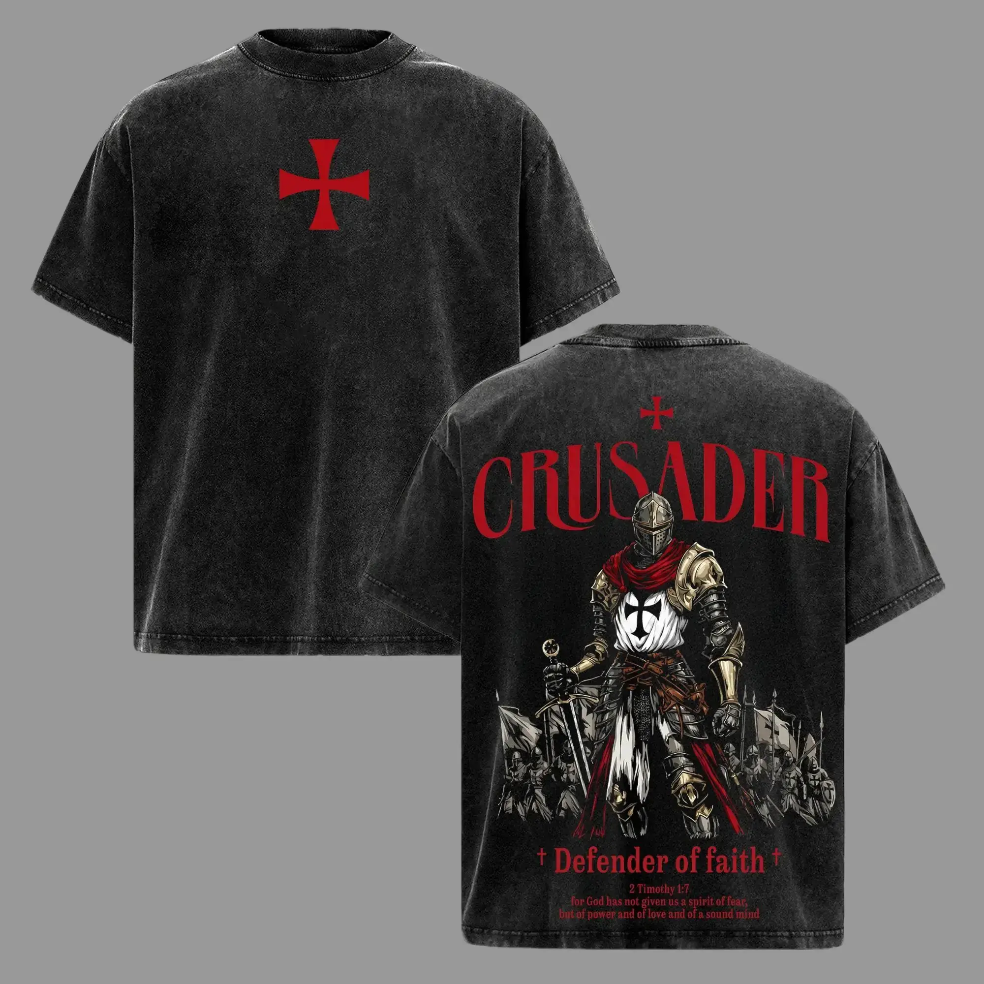 AnimeEcho Store  Crusader Defender of Faith, Knight Vintage Washed Oversized T-Shirt, Sweatshirt, Hoodie 2 Timothy 1:7 Scripture Knight Graphic Tee, Heavy Cotton Medieval Christian Streetwear Top, Unisex Dark Gothic Warrior Shirt
