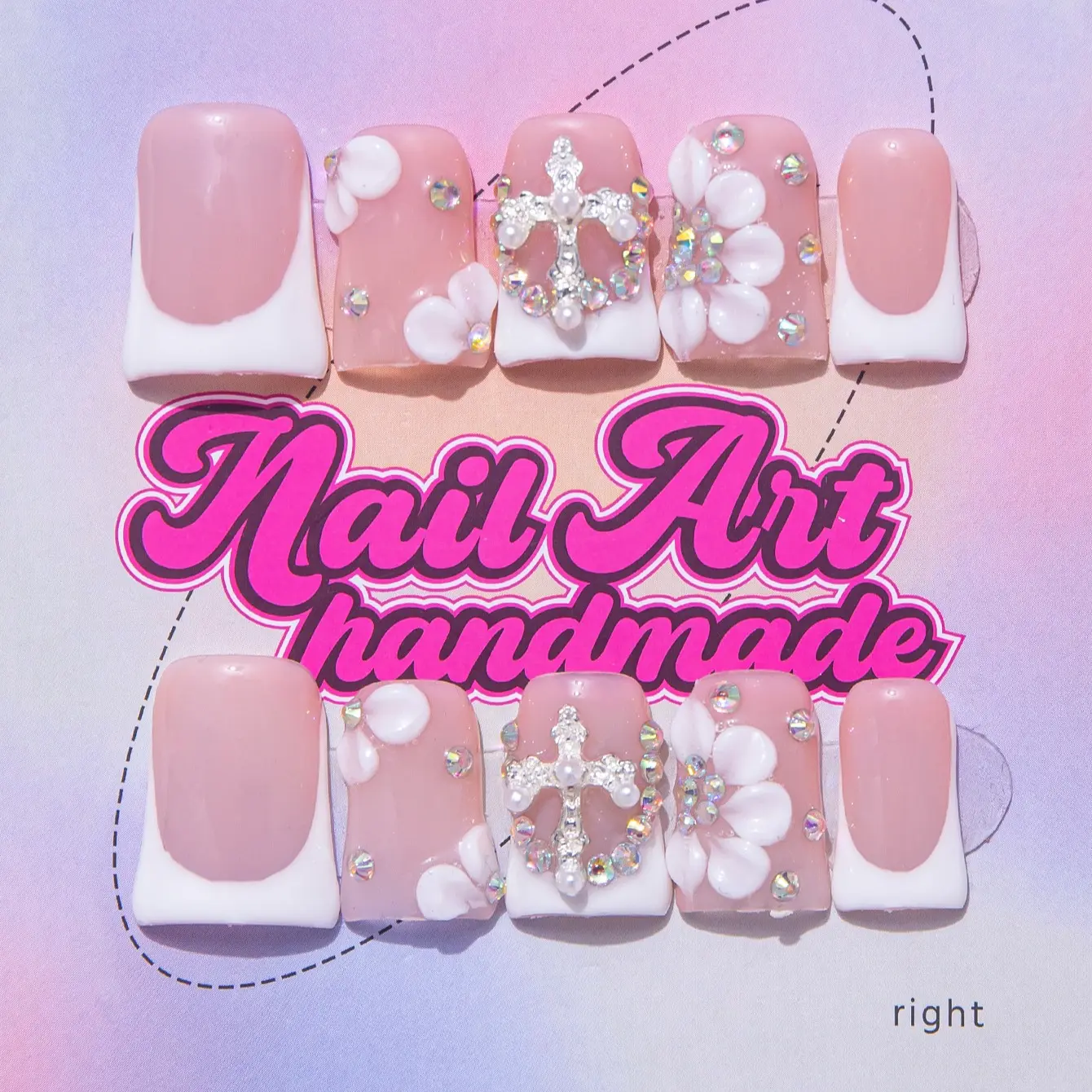 Delicatething Acrylic Nails Set, Acrylic False Nails, Y2K Style Duckbill Shape, Handmade Nail Art, 4 Sizes XS S M L, Cross Design, Perfect Gift for Women, Handmade Press On Decorative Nails