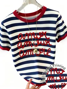 Women's Striped Digital Print Round Neck T-Shirt, Vintage Fashion Casual Wear, Loose-Fitting Short Sleeve Summer Top for All Seasons