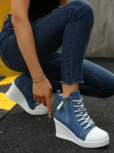 Summer New Height Increasing Platform Casual Canvas Shoes for Women, Thick Sole Wedge Heel Slimming Leg High Heels Single Shoe Footwear