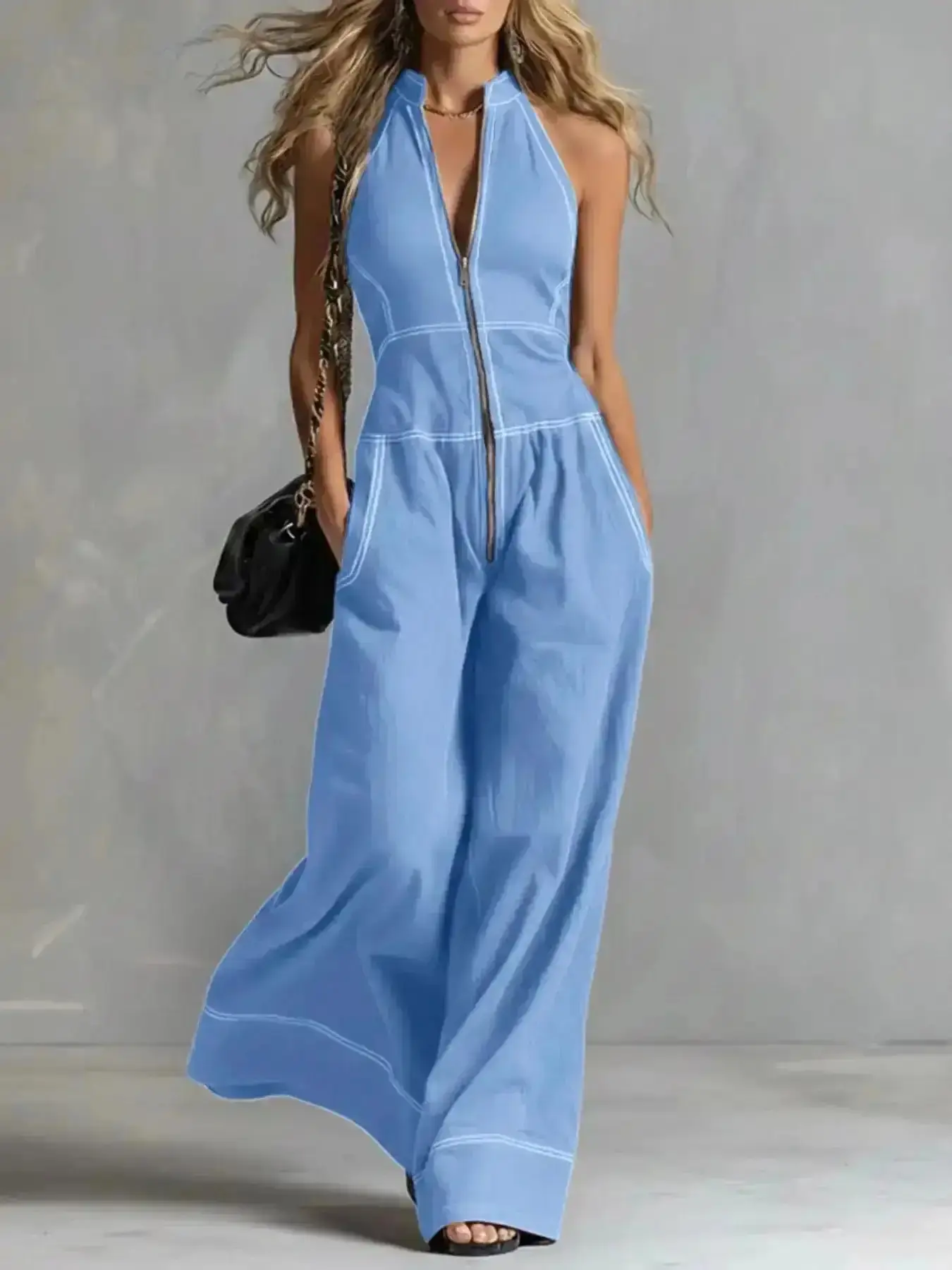 Stylish Women's Stand Collar Sleeveless Solid Color Zipper Casual Loose Commuter Romper, Comfortable and Stylish One-Piece for Daily Wear, Womenswear, Chic, Classy, Contemporary, Breathable, All Year Style, Everyday