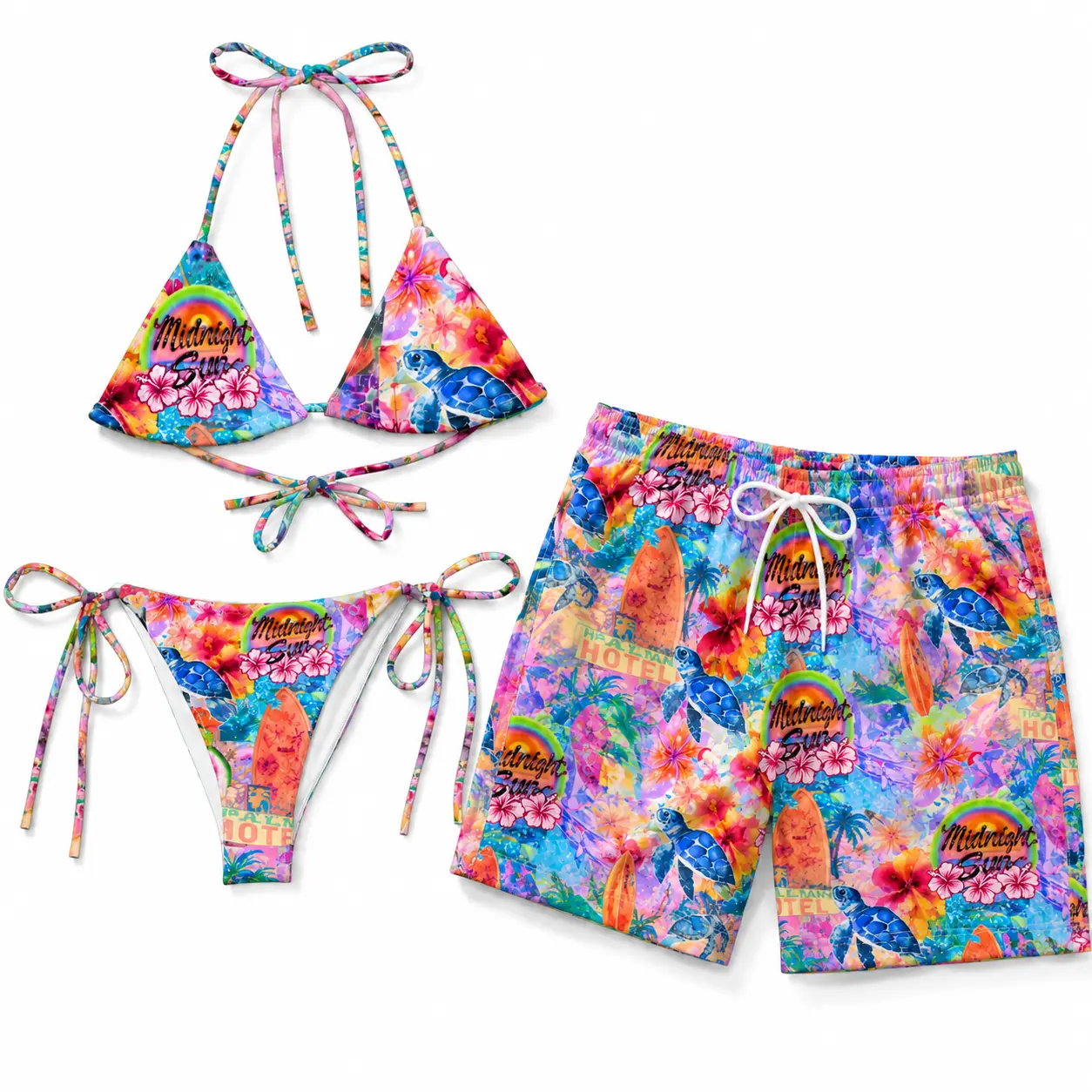 Y2K Custom Coconut Girl String Bikini Set & Hawaiian Shorts – Retro Tropical Beachwear, Summer Vacation Swimwear, Pool Party Outfit