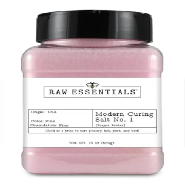 Raw Essentials Modern Curing Salt No. 1 – 6.25% Sodium Nitrite for Curing Bacon, Sausage, Jerky, Ham, and Corned Beef – Great for Brining & Pickling – Vegan – 19 Ounce Bottle