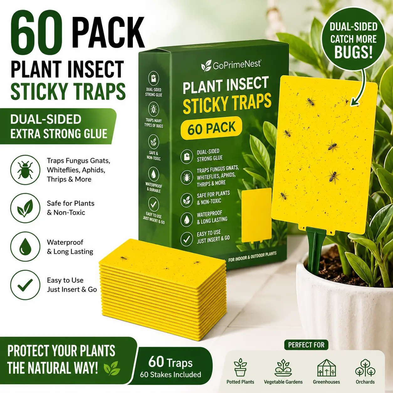 GoPrimeNest Butterfly Sticky Traps – 60 PCS Yellow Bug Traps for Indoor Plants, Fungus Gnats, Fruit Flies & Aphids, Non-Toxic & Strong Adhesive