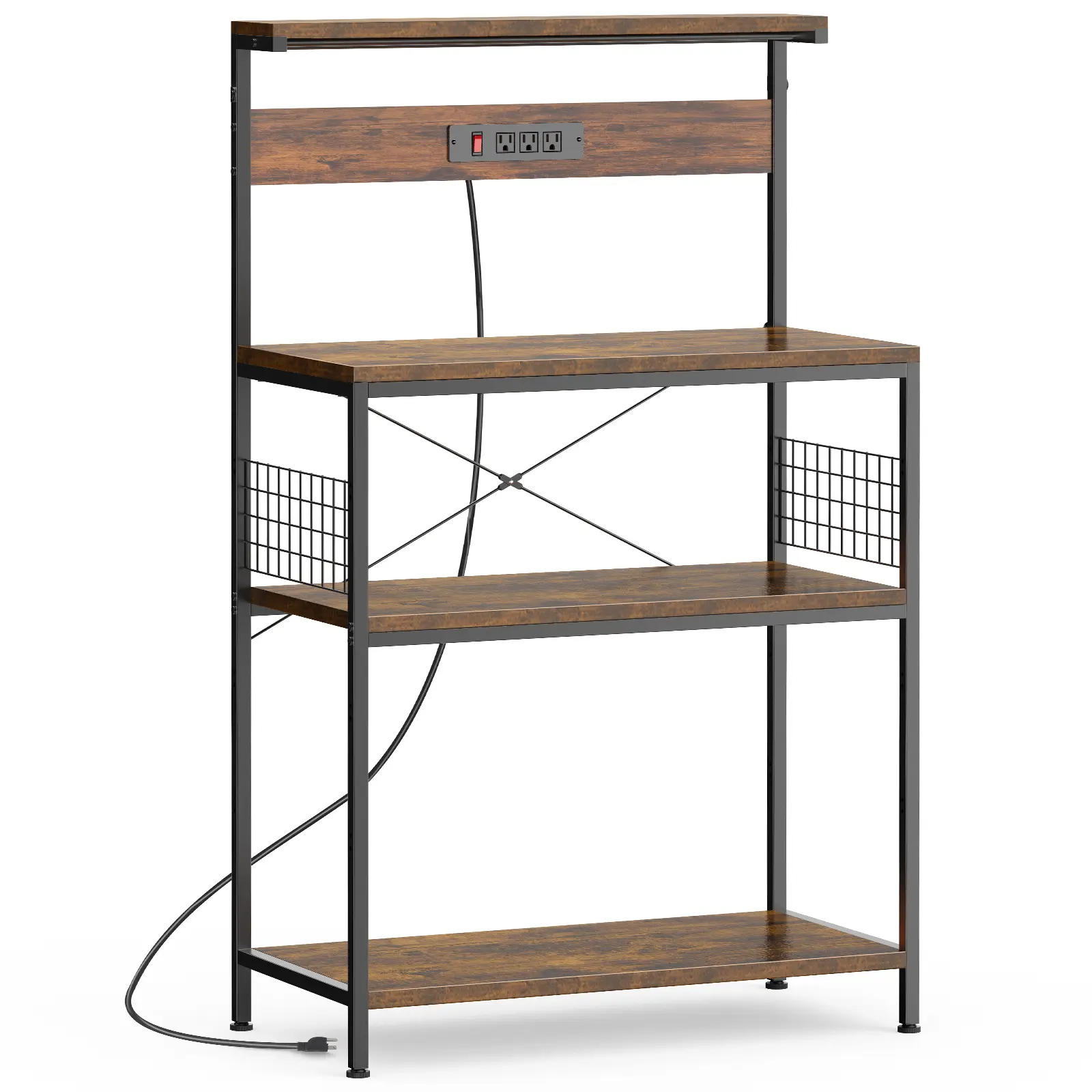 Kitchen Baker's Rack with Power Outlet, 4-Tier Microwave Oven Stand with Side Mesh Storage Baskets, Adjustable Shelves and Anti-Tip Device