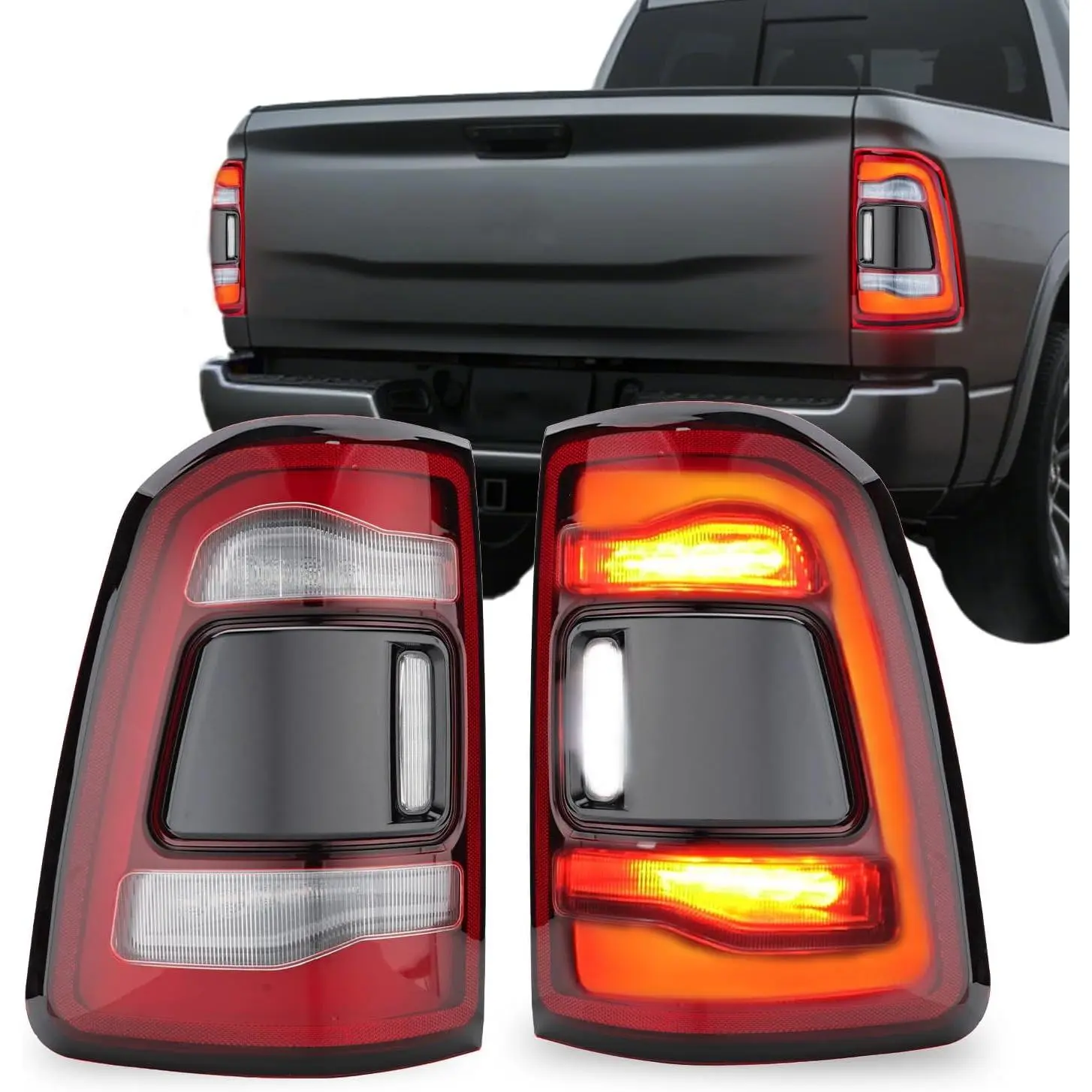 LED Tail Light Assembly Compatible with 2019-2023 Dodge Ram 1500, Rear Brake Lights w/o Blind Spot, Left And Right Sides Tail Lamps with Black Cover, Replaces 55112993AD, 55112992AD