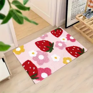 1 piece of pink series large strawberry pattern design - durable flannel floor mat, suitable for living room, bedroom, office and outdoor interior decoration, welcome floor mat at the door