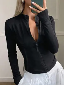 Women's Zipper Casual Sports Fitted Long Sleeve Jacket, Y2K Fashion Style, Regular Fit, Spring & Fall Outerwear, Trendy Women's Coat, Zip Up Jacket
