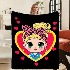 Cute Anime Girl Flannel Throw Blanket Pink Hearts Bow Green Eyes Polka Dots Soft Lightweight All Season Bedspread for Bed Sofa Camping Room Decor Retro Modern Design Warm Comfortable Fabric Ideal for Autumn Winter Playful Home Accessory Christmas Hallowee