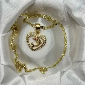 Red eye dolphin inside clear rhinestone heart gold plated pendant