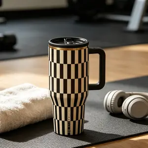 40oz HydroJug Black Gold Vertical Striped Checkered Handle Tumbler - Luxury Art Style, Large Capacity Leak-Proof Insulated Drink Cup for Car, Office Use Easy-Clean Drinkware Portable Water Bottles
