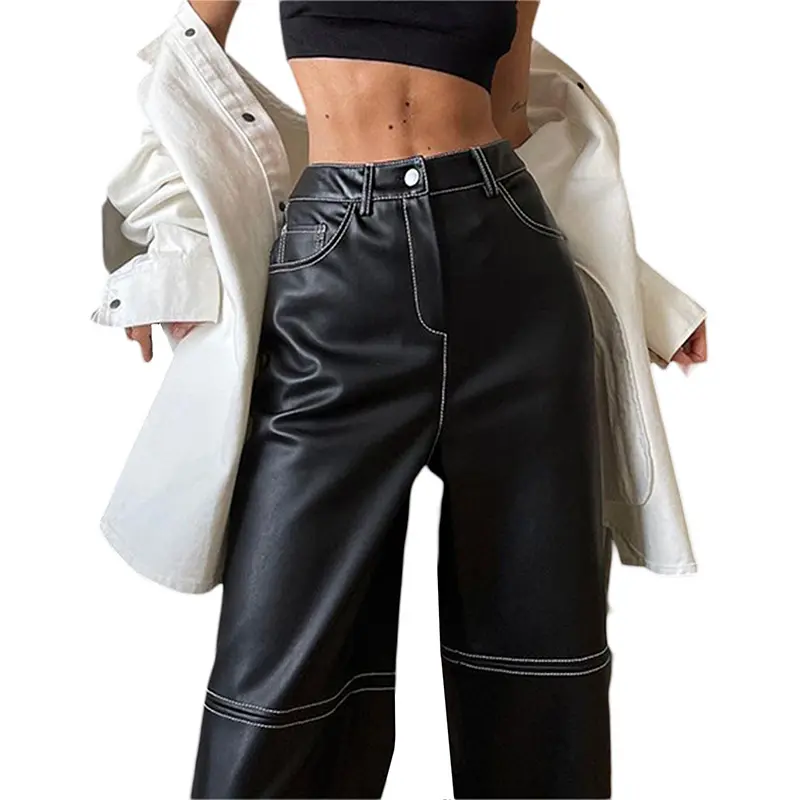 Women Autumn Leather Pants, Adults Casual High Waisted Color Block Straight-leg Trousers