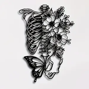 Skeleton Wall Art Decor, Artistic Metal Wall Hanging Decor with Flower & Butterfly Design, Unique Metal Wall Hanging Decor for Home Bedroom, Poster, Halloween