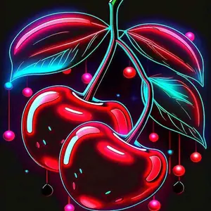 5D DIY Full Drill Round Diamond Painting - Diamond Art Kits Cherry, Leaves, Neon. Mosaic, Canvas - DIY Decorative Painting, Home Wall Decor, Suitable for Halloween and Christmas, Birthday and Anniversary Gifts.