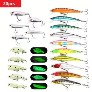 20pcs Artificial fishing Lures Kit Mixed Including Minnow Luminous Crank Baits with Hooks for Saltwater Freshwater Trout Bass Salmon Fishing