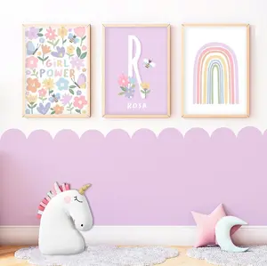 Girl Power Print Set - Colourful Nursery Prints, Girls Floral Bedroom Decor, Kids Playroom Wall Art, Personalised Name