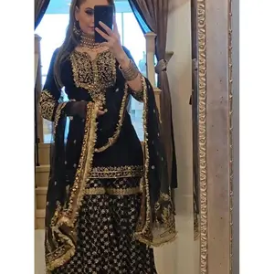 Designer Faux Georgette Sharara Suit Set with 5mm Sequin Embroidery | (Production time 7-15 working days)Fully Stitched Plazzo & Dupatta |         Party Wear Dress for Women Formal Costumes