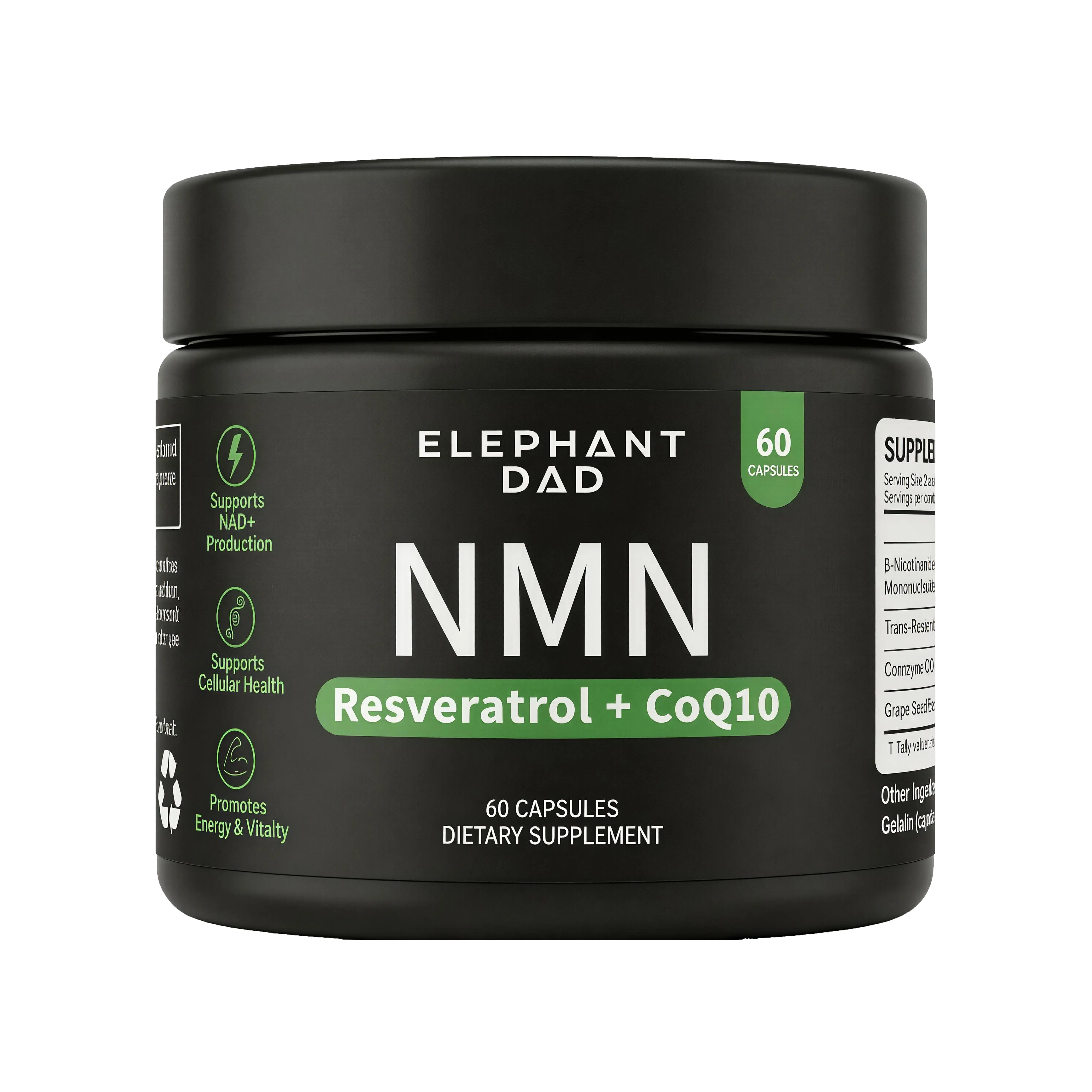 NMN Supplement with Resveratrol & CoQ10 by Elephant Dad - NAD Plus Booster for Cellular Energy & Mitochondrial Support - Anti Aging NAD Supplement for Men & Women - 60 Capsules