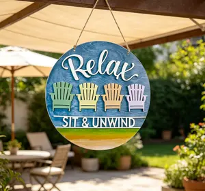 DIY Build & Paint Relax Wooden Door Sign | 3D "SIT & UNWIND" Beach Adirondack Chairs Welcome Hanger, Rustic Unfinished Front Door Porch Decor for Summer