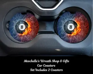 2-Piece Neoprene/Ceramic 8 Ball Car Coasters, Stylish & Functional Car Interior Accessory for Cup Protection & Vehicle Interior Enhancement